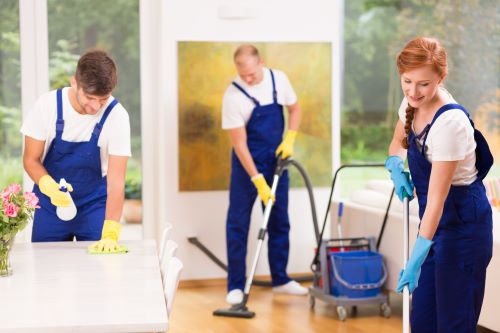 Cleaning crew in office: dusting, mopping, and vacuuming with central vacuum cleaner.